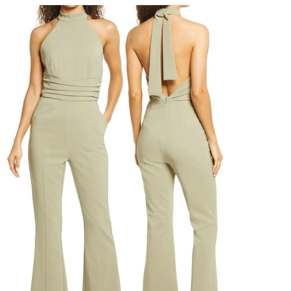 Sage Green Jumpsuit Brand New with Cute Halter Neck and Flare Bottoms